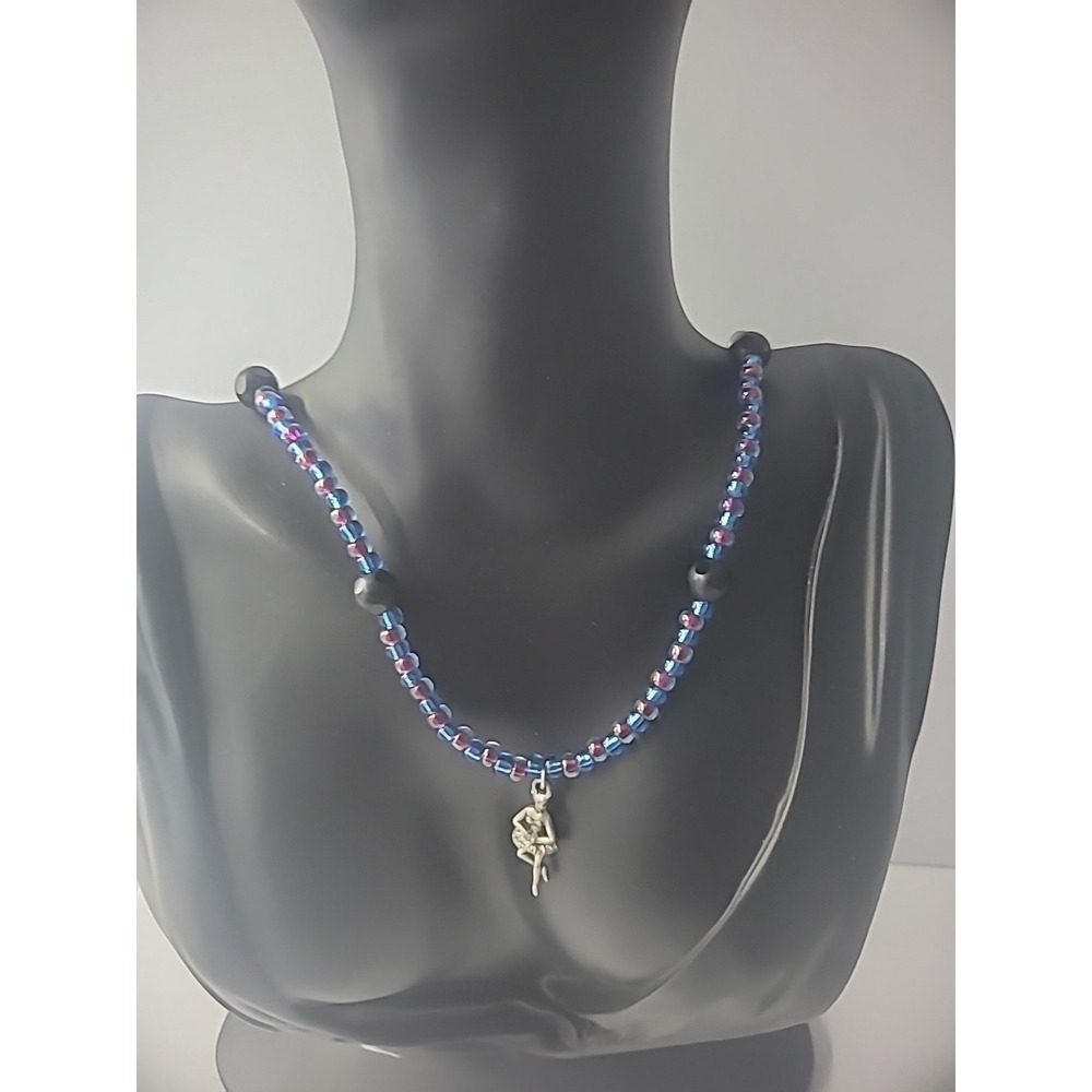 Vintage Necklace Beaded Blue Red Pendant Ballerina Silver Tone Jewelry Costume